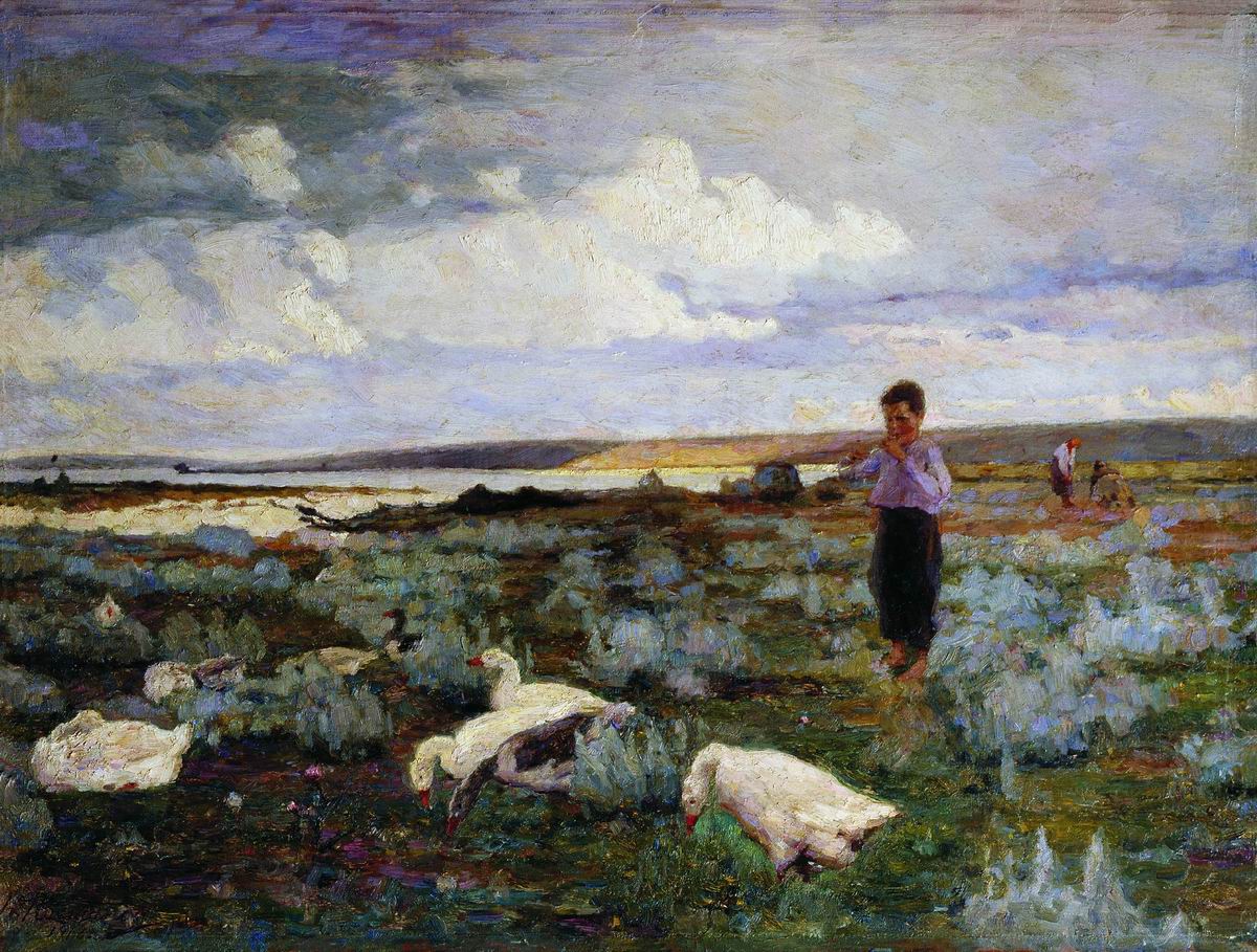 Boy with Geese by Kiriak Kostandi,A3(16x12")Poster