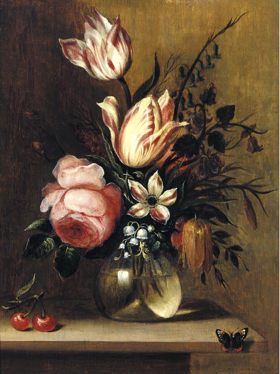 A still life with tulips, a pink rose and other flowers in a vase, vintage artwork by Hans Bollongier, 12x8" (A4) Poster