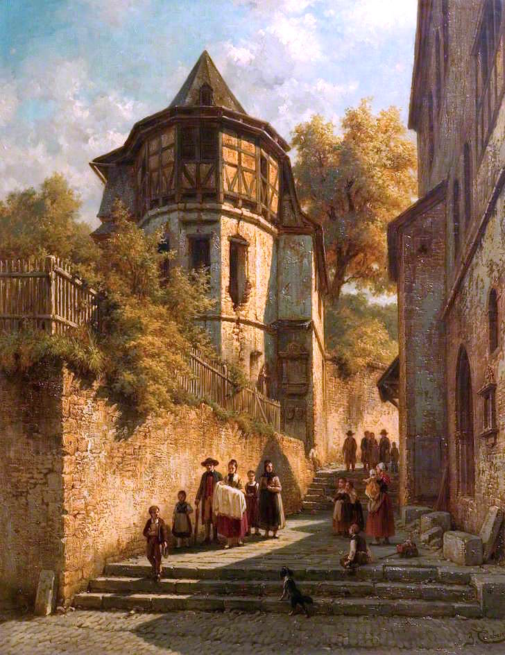 Christening Party at Bacharach, Germany, vintage artwork by Jacques Francois Carabain, 12x8" (A4) Poster