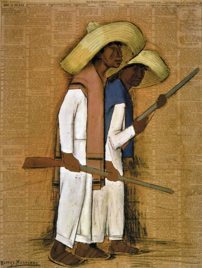 Dos Hombres con Fusiles, vintage artwork by Alfredo Ramos Martinez, 12x8