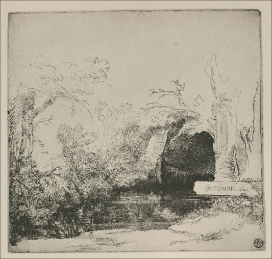 The Boathouse called a Grotto with a Brook, vintage artwork by Rembrandt van Rijn, 12x8" (A4) Poster
