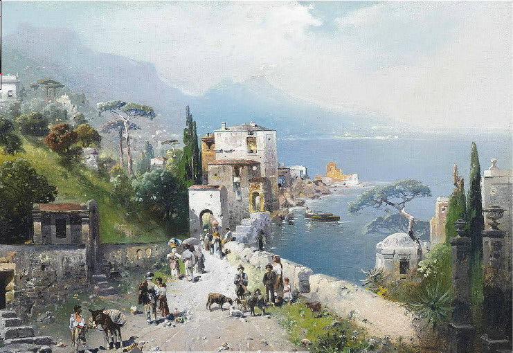 A Busy Coastal Path on the Bay of Naples, Vesuvius Beyond, vintage artwork by Robert Alott, 12x8" (A4) Poster
