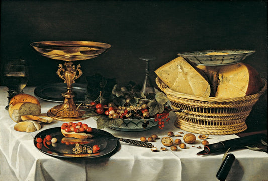 Still Life with Cheese and Fruit, vintage artwork by Pieter Claesz, 12x8" (A4) Poster