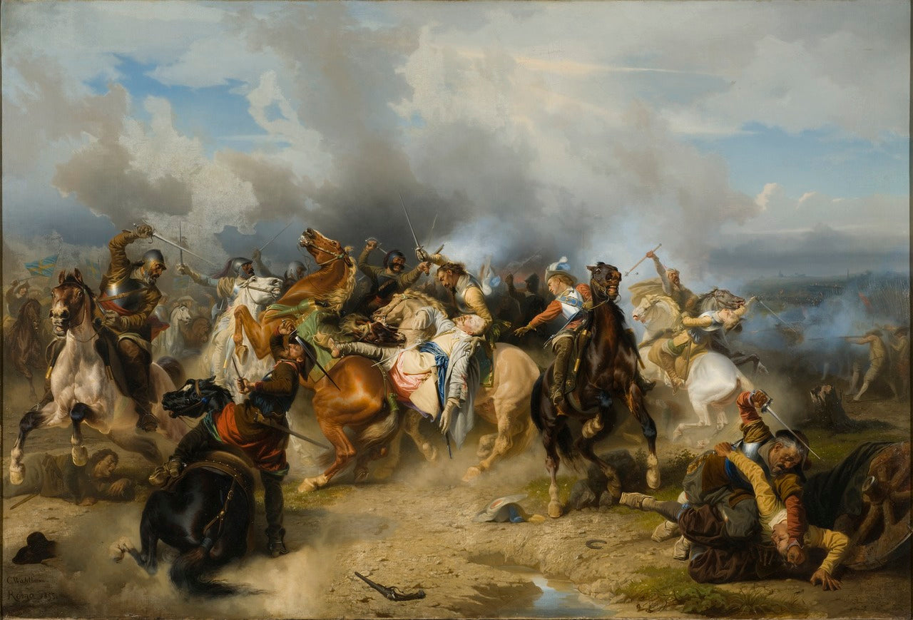 Death of King Gustav II Adolf of Sweden at the Battle of Lützen, vintage artwork by Carl Wahlbom, A3 (16x12") Poster Print
