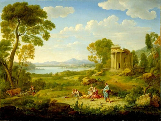 Landscape with a Classical Temple and Figures, vintage artwork by Pompeo Batoni, 12x8" (A4) Poster
