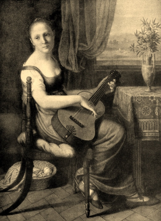Portrait of Carolina von Humboldt mit Gitarre, vintage artwork by Christian Gottlieb Schick, 12x8" (A4) Poster