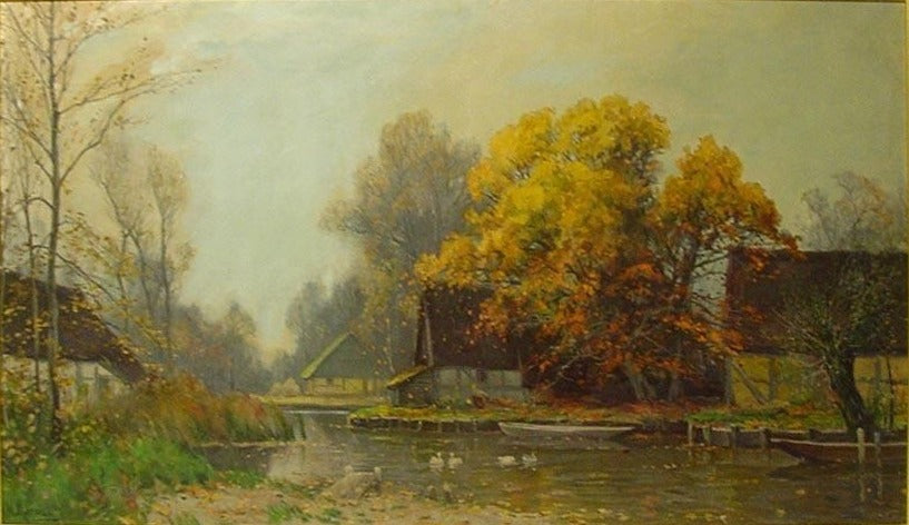 Houses by  the Pond, vintage artwork by Walter Moras, 12x8" (A4) Poster