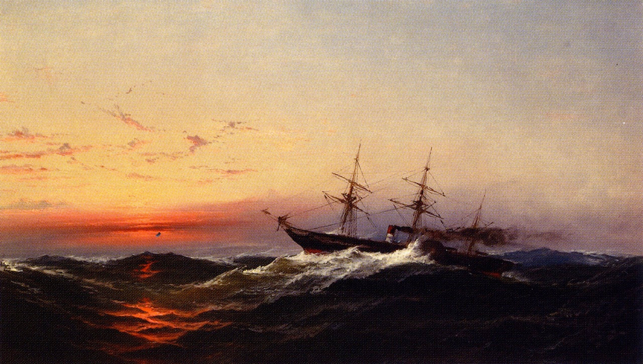 Sunset on a Rough Sea, vintage artwork by James Hamilton, A3 (16x12") Poster Print