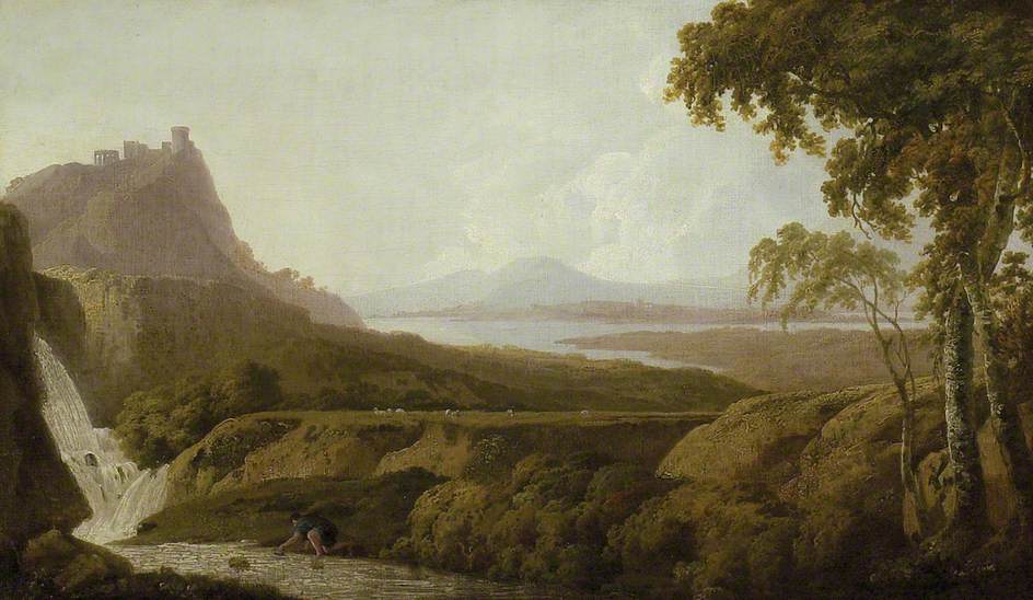 Italianate Landscape with Waterfall, vintage artwork by Joseph Wright of Derby , 12x8" (A4) Poster