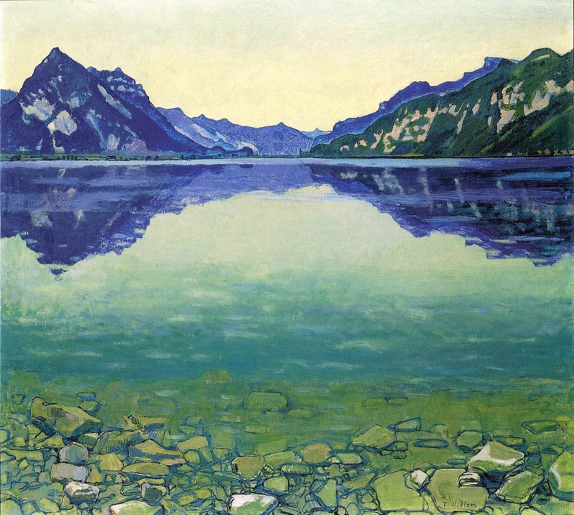 Lake Thun with Symmetric Reflections before Sunrise, vintage artwork by Ferdinand Hodler, 12x8" (A4) Poster
