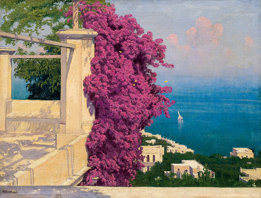 Bougainvillea, Capri, vintage artwork by Edward Okuń, 12x8" (A4) Poster