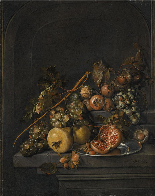 A Still Life of Fruit and Nuts on a Stone Ledge, vintage artwork by Cornelis de Heem, 12x8" (A4) Poster