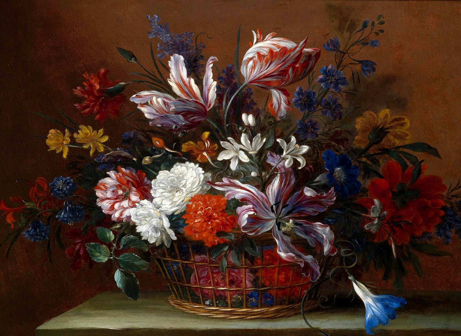 Still Life with a Basket of Flowers, vintage artwork by Jean-Baptiste Monnoyer, 12x8" (A4) Poster