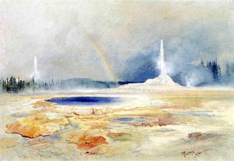 The Castle Geyser, Fire Hole Basin, vintage artwork by Thomas Moran, 12x8" (A4) Poster