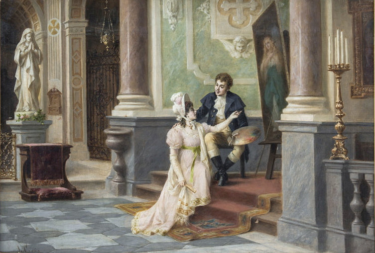 Painter and Lady Inside the Basilica, vintage artwork by Luigi Crosio, 12x8" (A4) Poster