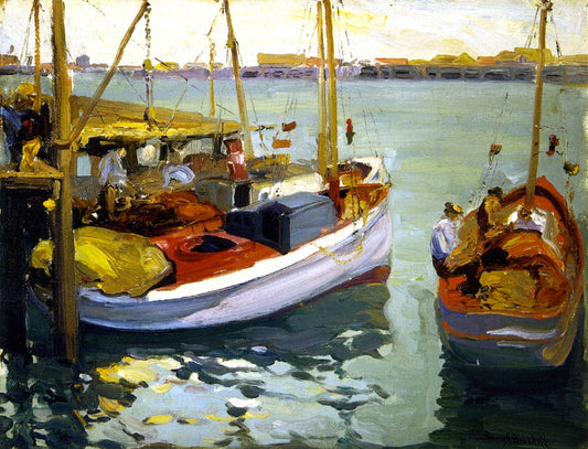 Fishing Boats, L. A. Harbor, vintage artwork by Franz Bischoff, 12x8" (A4) Poster