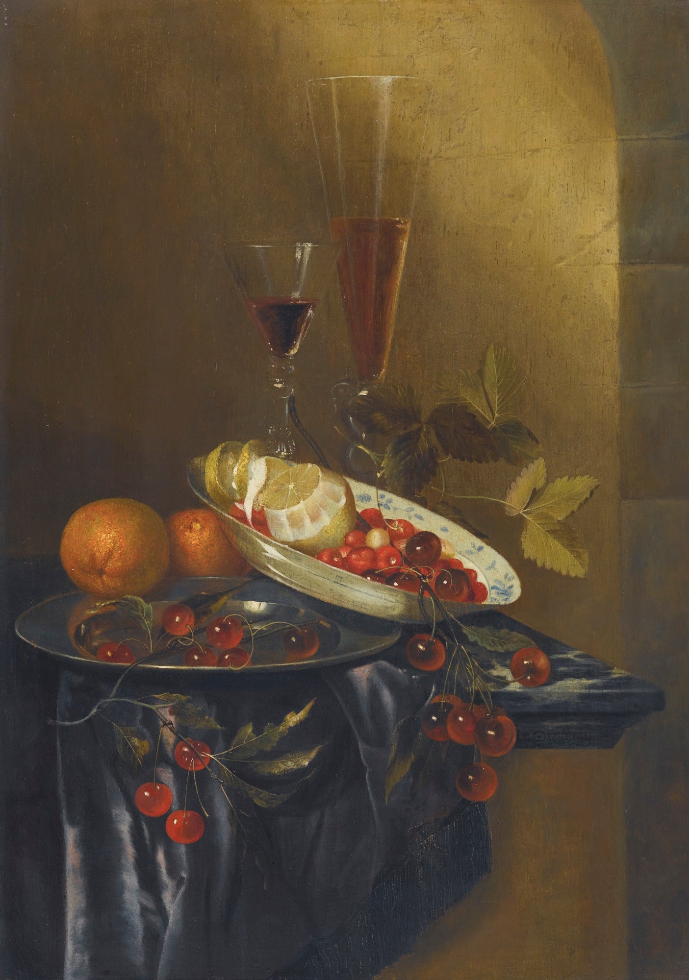 Still life with cherries, lemons, fraises-de-bois, oranges and two fine wine glasses, upon a marble table, vintage artwork by Harmen Loeding, 12x8" (A4) Poster
