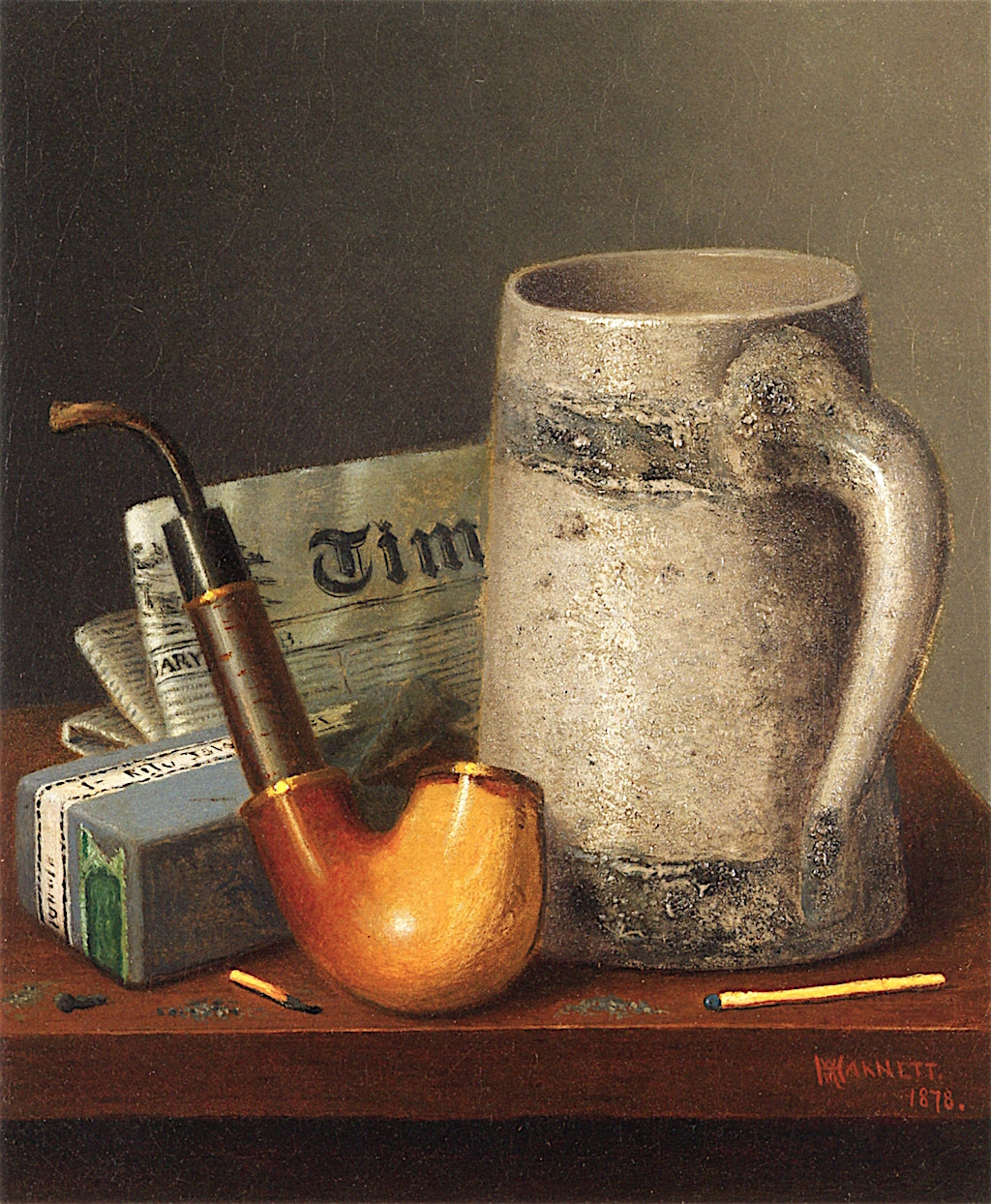 Still Life with Mug, Pipe, Matches and Newspaper, vintage artwork by William Michael Harnett, 12x8" (A4) Poster