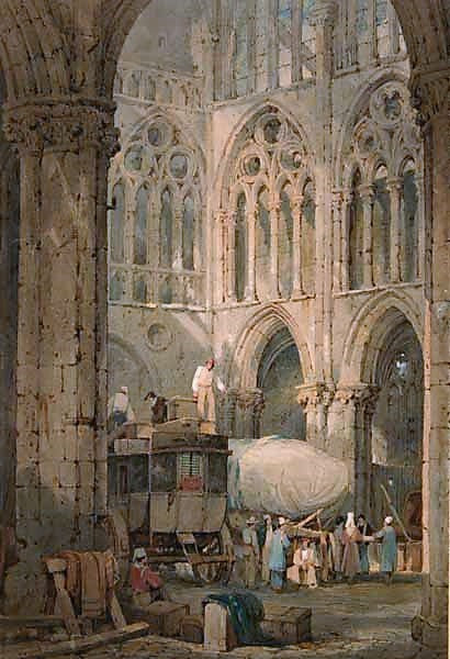 Church Ruin at Tours: Loading Diligence, vintage artwork by Samuel Prout, 12x8" (A4) Poster