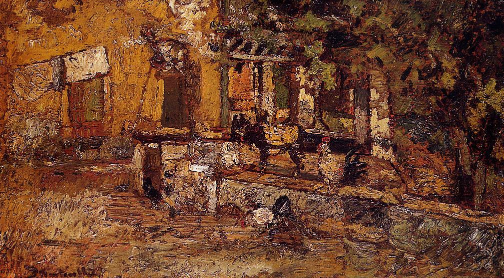Farmyard with Donkeys and Roosters, vintage artwork by Adolphe-Joseph-Thomas Monticelli, 12x8" (A4) Poster