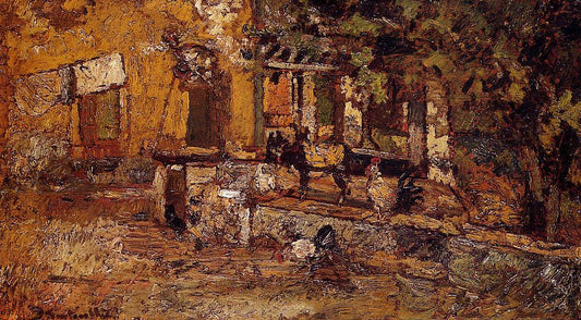 Farmyard with Donkeys and Roosters, vintage artwork by Adolphe-Joseph-Thomas Monticelli, 12x8" (A4) Poster