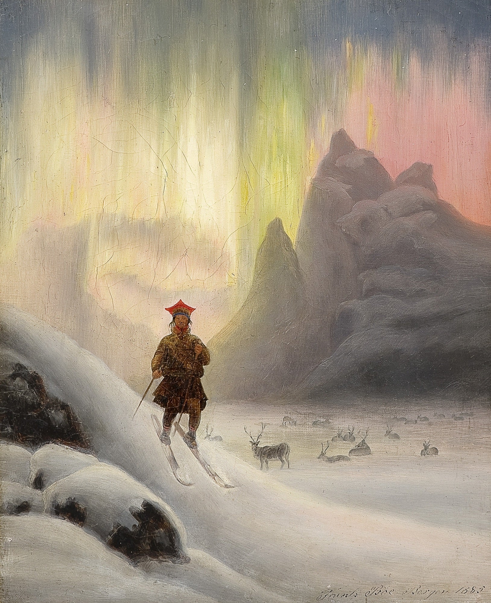 Skiing in the Northern Lights, vintage artwork by Frants Diderik Bøe, A3 (16x12") Poster Print