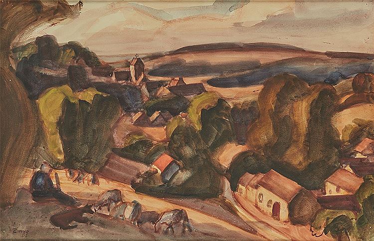Herd above the Village by Jules-Emile Zingg,16x12(A3) Poster