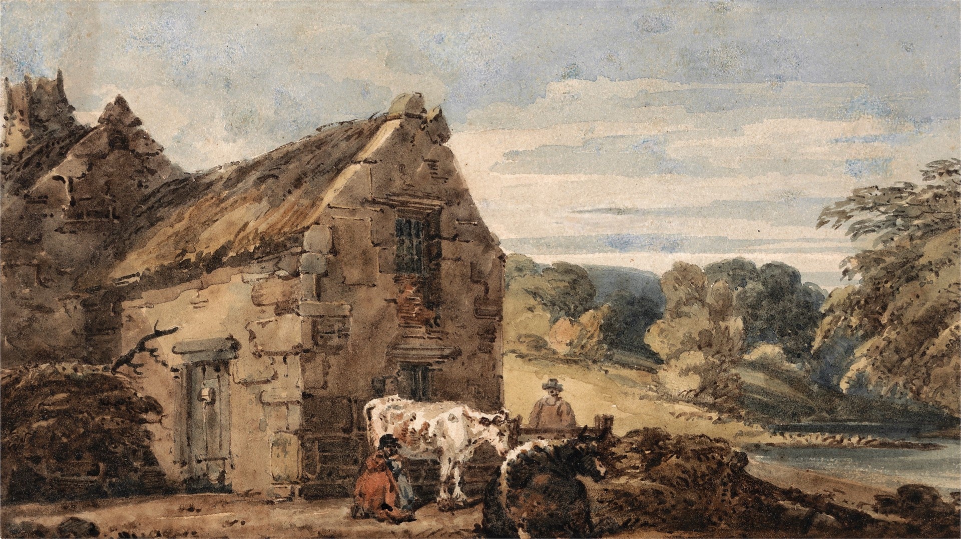 Cottage near Newcastle, Northumberland, vintage artwork by Thomas Girtin, 12x8" (A4) Poster
