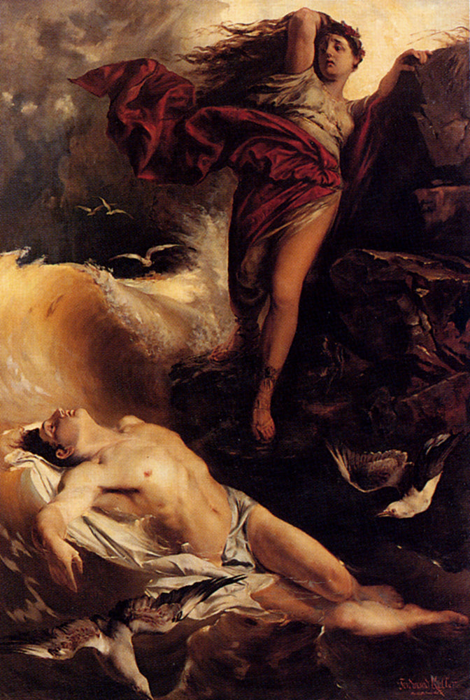 Hero Finding Leander, vintage artwork by Ferdinand Keller, 12x8" (A4) Poster