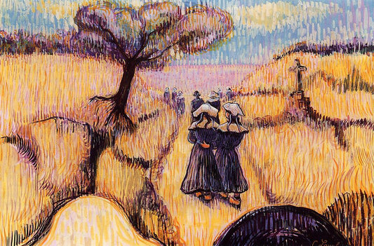 Landscape with Strolling Breton Women, vintage artwork by Charles Laval, 12x8" (A4) Poster