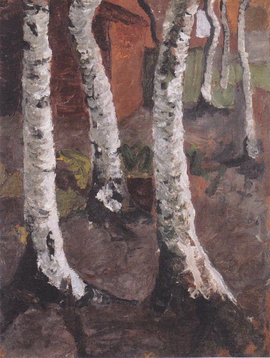 Birch trunks against a red farm, vintage artwork by Paula Modersohn-Becker, 12x8" (A4) Poster