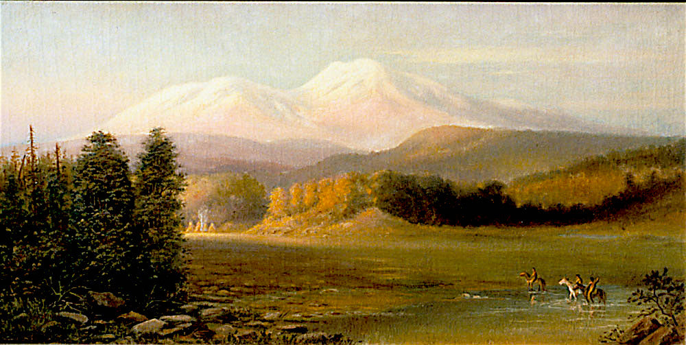Mount Shasta with Indians, vintage artwork by Gilbert Munger, 12x8" (A4) Poster