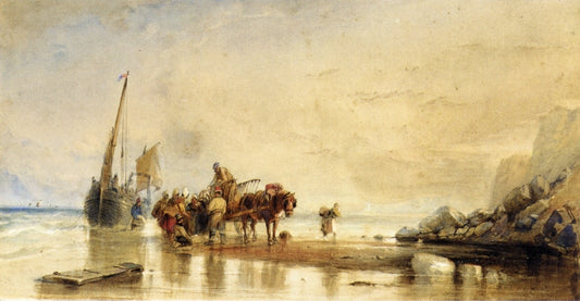 Figures Unloading Fishing Boats on Shore, vintage artwork by George Howse, A3 (16x12") Poster Print