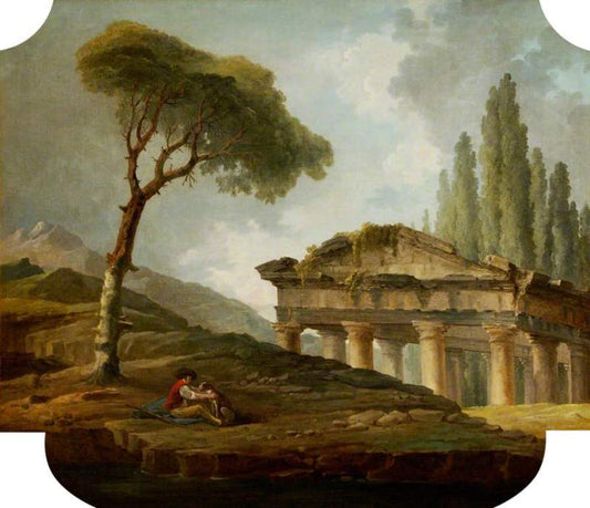 Classical Landscape with a Man and Dog, vintage artwork by Hubert Robert, 12x8" (A4) Poster