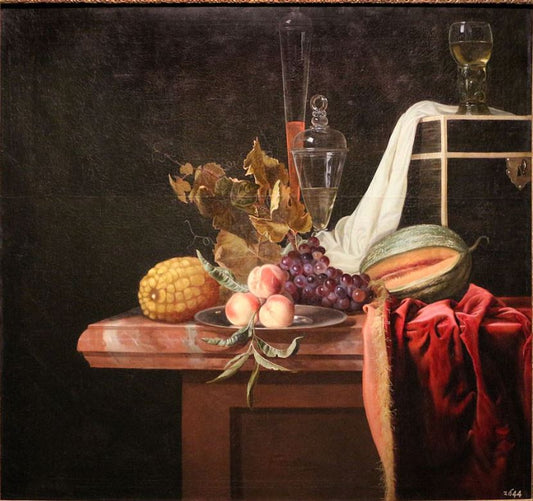 Still Life with Fruit and Glasses, vintage artwork by Hendrik de Fromantiou, 12x8" (A4) Poster