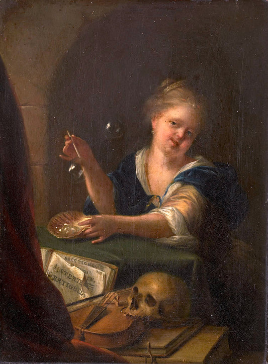 Bubble-blowing Girl with a Vanitas Still Life, vintage artwork by Adriaen van der Werff, 12x8" (A4) Poster