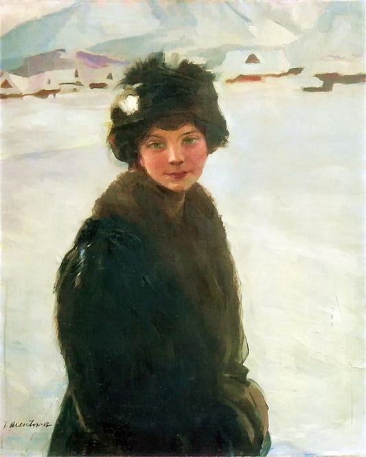 Portrait of a young girl on the background of a winter landscape, vintage artwork by Theodor Axentowicz, 12x8" (A4) Poster