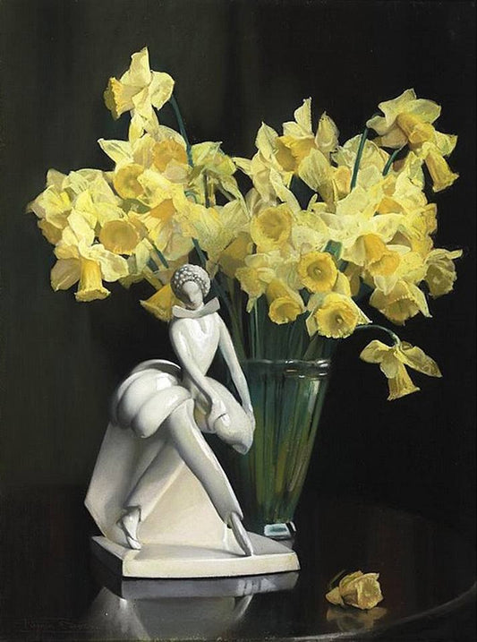 l life, daffodils and a blanc de chine dancer by Firmin Baes,16x12(A3) Poster
