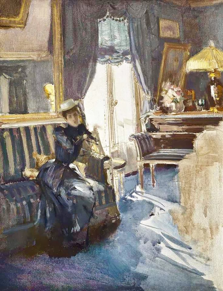 An elegant lady in a sunlit interior, vintage artwork by Paul Cesar Helleu, 12x8" (A4) Poster