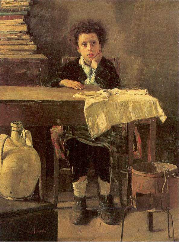 The Poor Schoolboy, vintage artwork by Antonio Mancini, 12x8" (A4) Poster