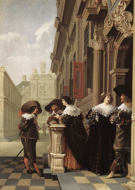 Conversation outside a Castle, vintage artwork by Dirck van Delen, 12x8" (A4) Poster