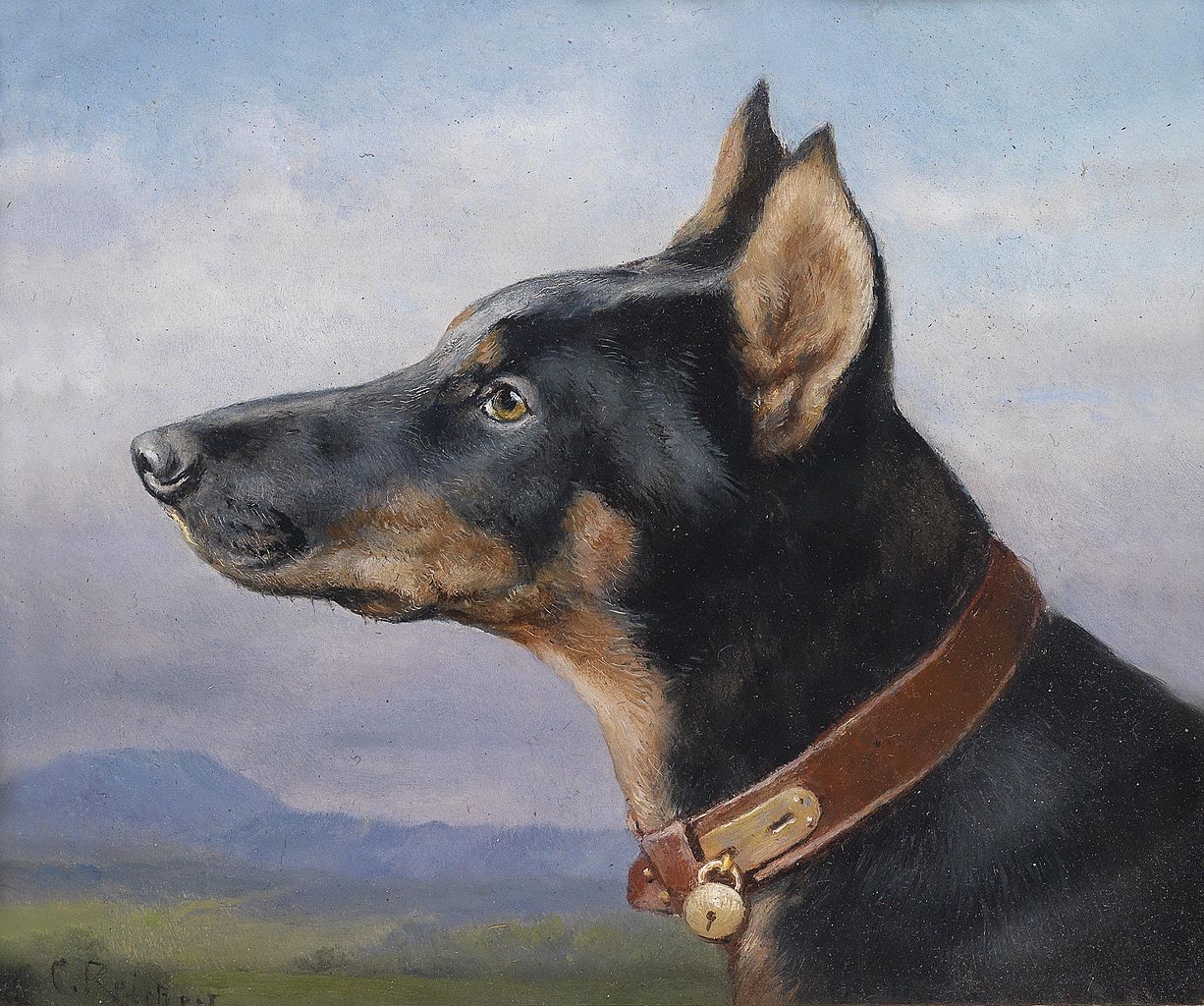 Portrait of a Doberman, vintage artwork by Carl Reichert, 12x8" (A4) Poster