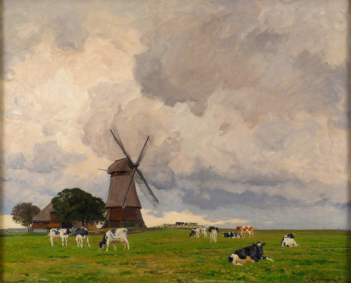Spring Landscape with Windmill, vintage artwork by Friederich Kallmorgen, 12x8" (A4) Poster