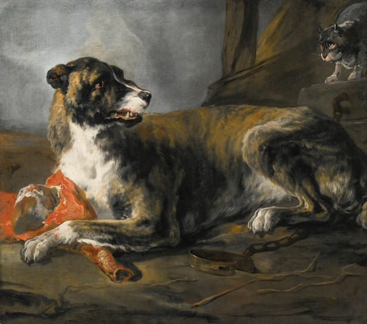Hound with a Joint of Meat and a Cat Looking on, vintage artwork by Jan Baptist Weenix, 12x8" (A4) Poster