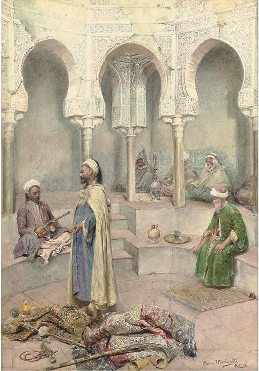 Traders in an Arabic courtyard, vintage artwork by Maria Martinetti, 12x8" (A4) Poster