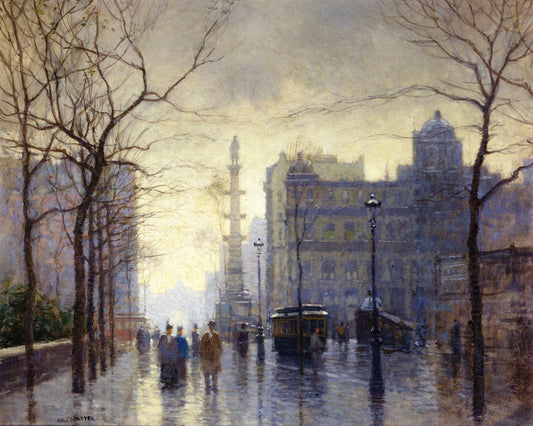 Rainy Day, Columbus Circle, vintage artwork by Paul Cornoyer, 12x8" (A4) Poster