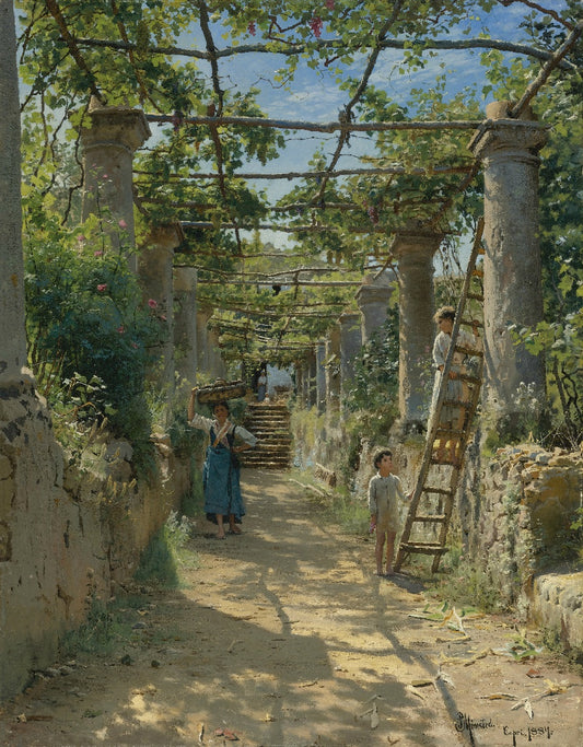 In the Shadow of an Italian Pergola, vintage artwork by Peder Mork Mønsted, 12x8" (A4) Poster