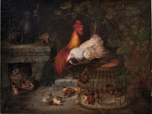 Rooster, hen, chicks and cat, vintage artwork by Christian August Printz, A3 (16x12") Poster Print