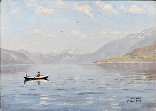 A summer day on the Sognefjord, vintage artwork by Hans Dahl, 12x8" (A4) Poster