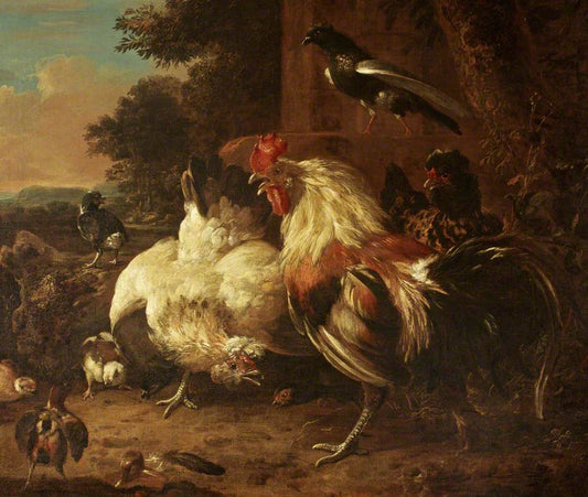 A Cock and Two Hens with Chicks in a Landscape Setting, vintage artwork by Melchior d'Hondecoeter, 12x8" (A4) Poster